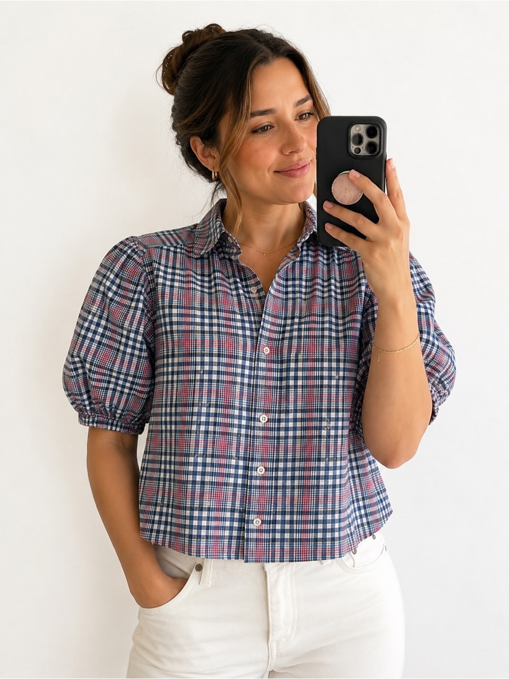 Anthropologie Navy, Pink & White Plaid Puff-Sleeve Button-Up